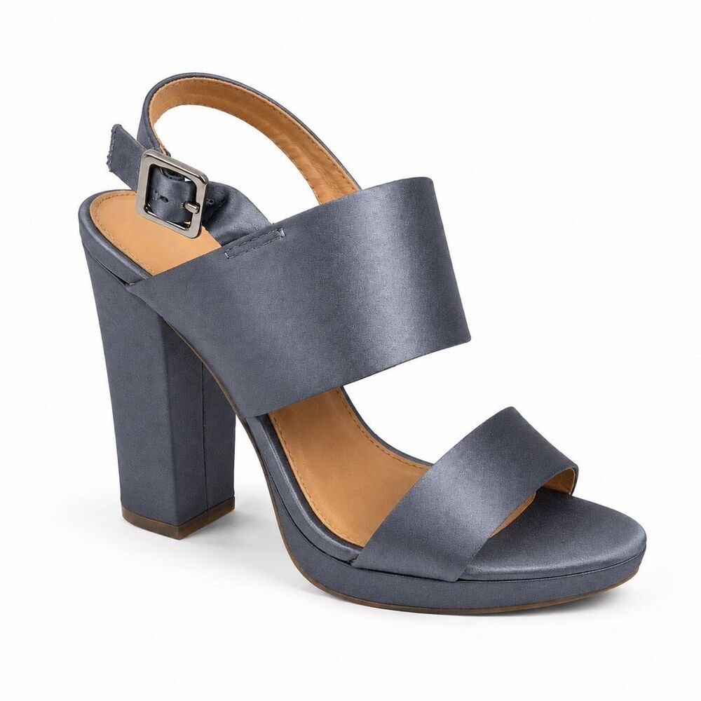 Report Lydia Dusty Blue Satin Platform Block Heel Sandals